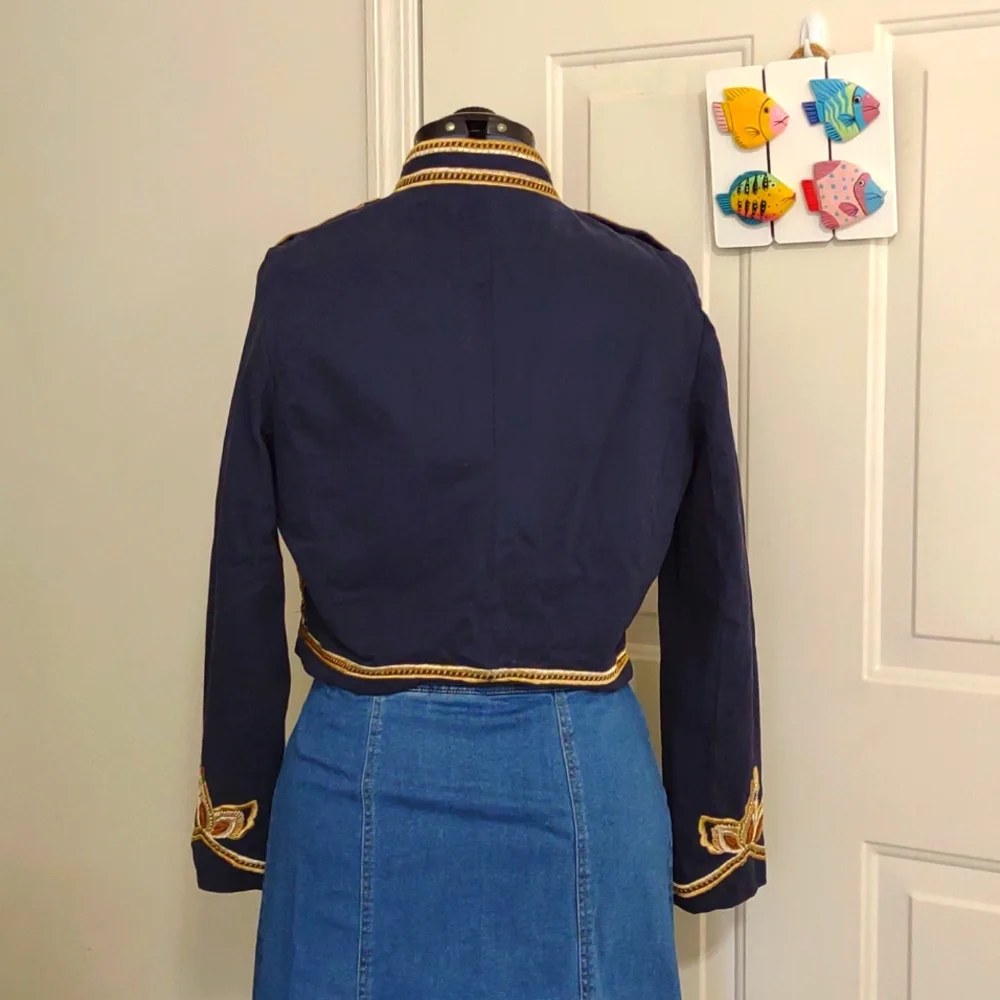90s Cropped Hussar Jacket – Navy & Gold Statement Military Blazer - Picture 6 of 13